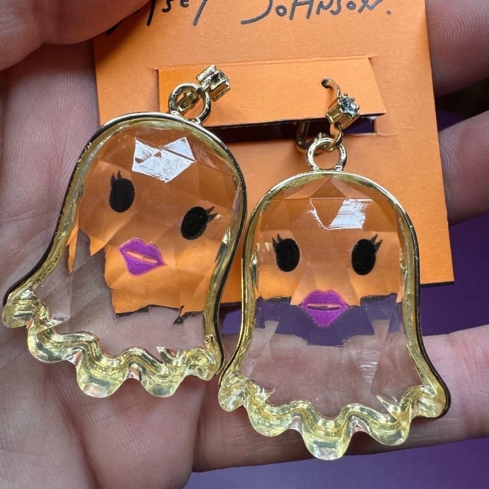 Betsey Johnson Acrylic Ghost Shaped Earrings with Purple and Gold Accents